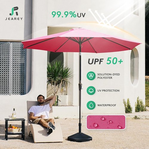 JEAREY 9FT Outdoor Patio Umbrella - Push Button Tilt & Crank | UV Protection, Waterproof - Rose Pink