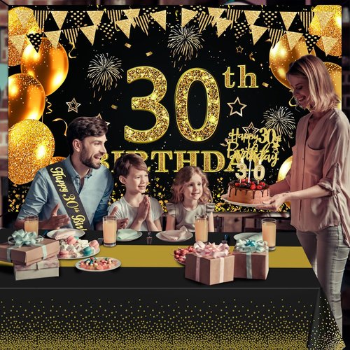 30th Birthday Decorations | Black and Gold Banner, Table Cloth, Balloons, Sash, Cake Topper & Candles