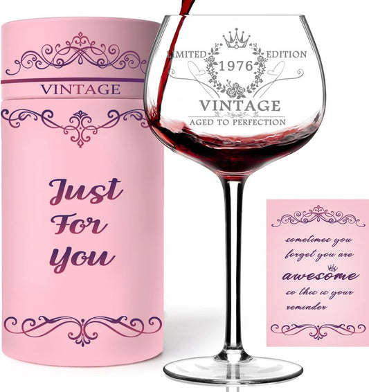 HSJSA 50TH Birthday Gifts for Her, Vintage 1976 Engraved 50th Hand-Blown Wine Glass, 50 Year Old Birthday Decorations For Women, Funny 50 Bday Gifts Idea For Women, Mom, Friends, Daughter, Sister