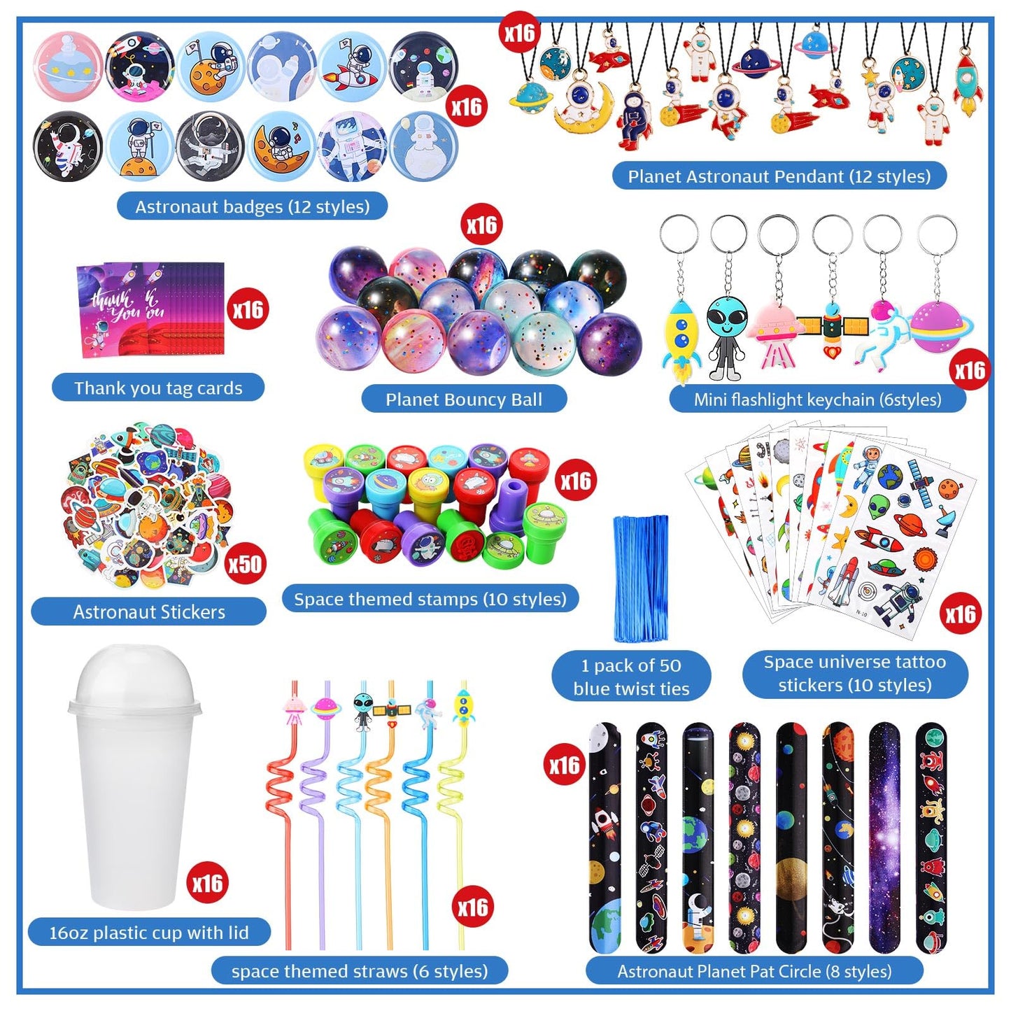 Syhood 211 Pcs Space Party Favors with Gift Cup Space Tattoos Slap Bracelet Astronaut Straw Pendants Badges Stamp Keychains Bouncy Ball Thank You Cards for Space Galaxy Kid Birthday Party Supplies