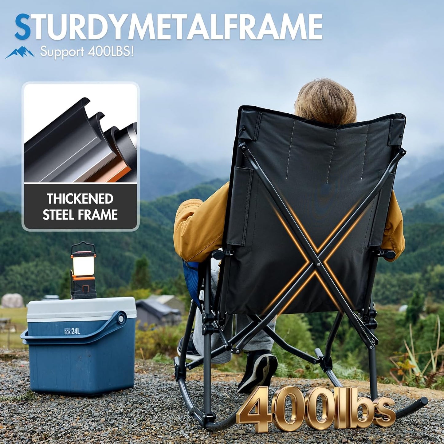 Portal Oversized Folding Rocking Camping Chair - Portable Outdoor Rocker with High Back & Carry Bag, Supports 400 lbs, Grey & Blue