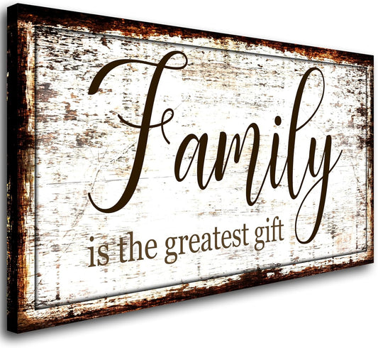 Family Canvas Wall Art for Living Room - Greatest Gift Word Painting, Farmhouse Retro Artwork Prints, Framed Stretched Picture for Dining Room, Office, Home Decor