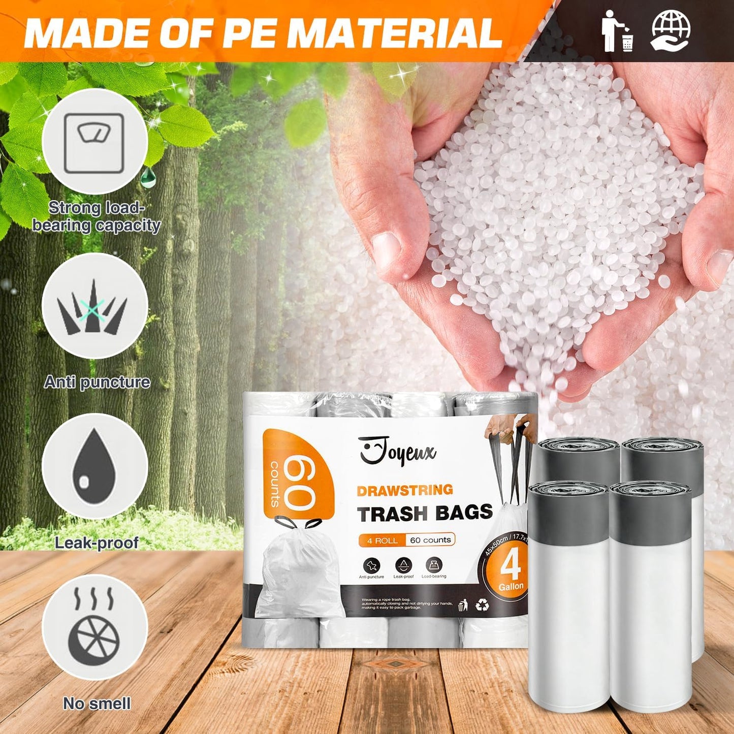 Small Trash Bags 4 Gallon | 60 Count Drawstring Unscented Garbage Bags - White Liners for Bathroom & Office