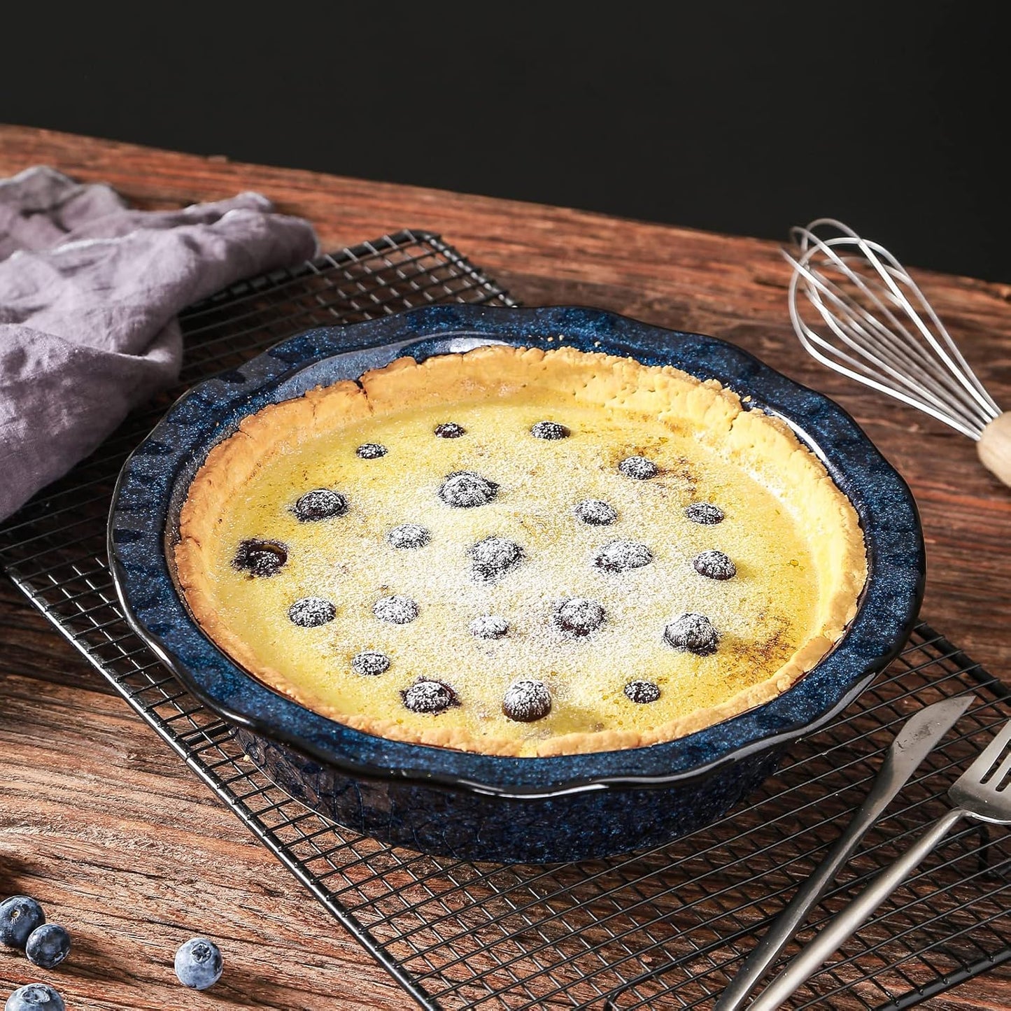 Vicrays Ceramic Pie Pan - 9-Inch Round Fluted Deep Dish for Baking Tart, Pizza, Quiche | Starry Blue Reactive Glaze