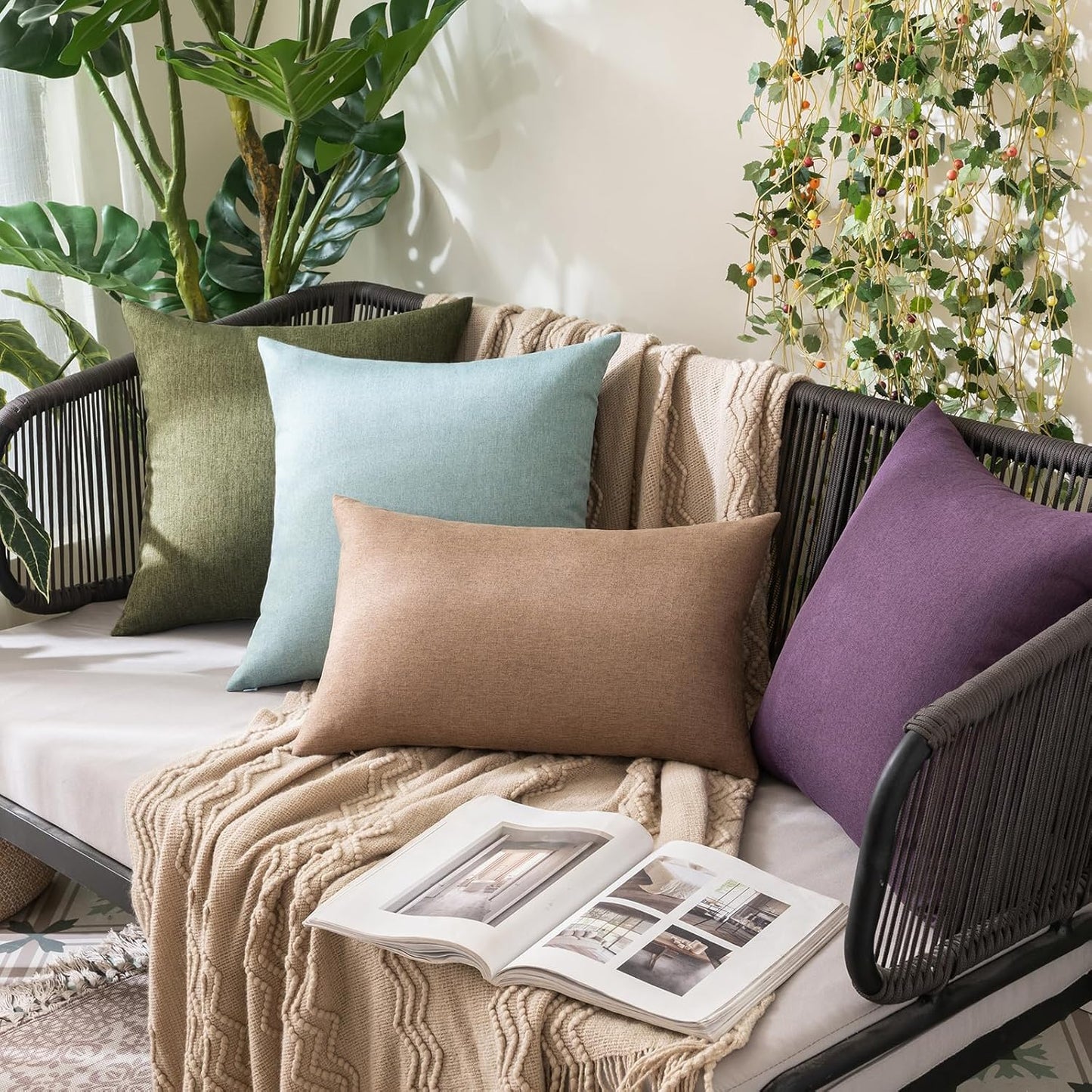 MIULEE Decorative Outdoor Throw Pillow Covers - Waterproof Faux Linen Cushion Cases | 16x16 Inch Olive Green (Pack of 2)