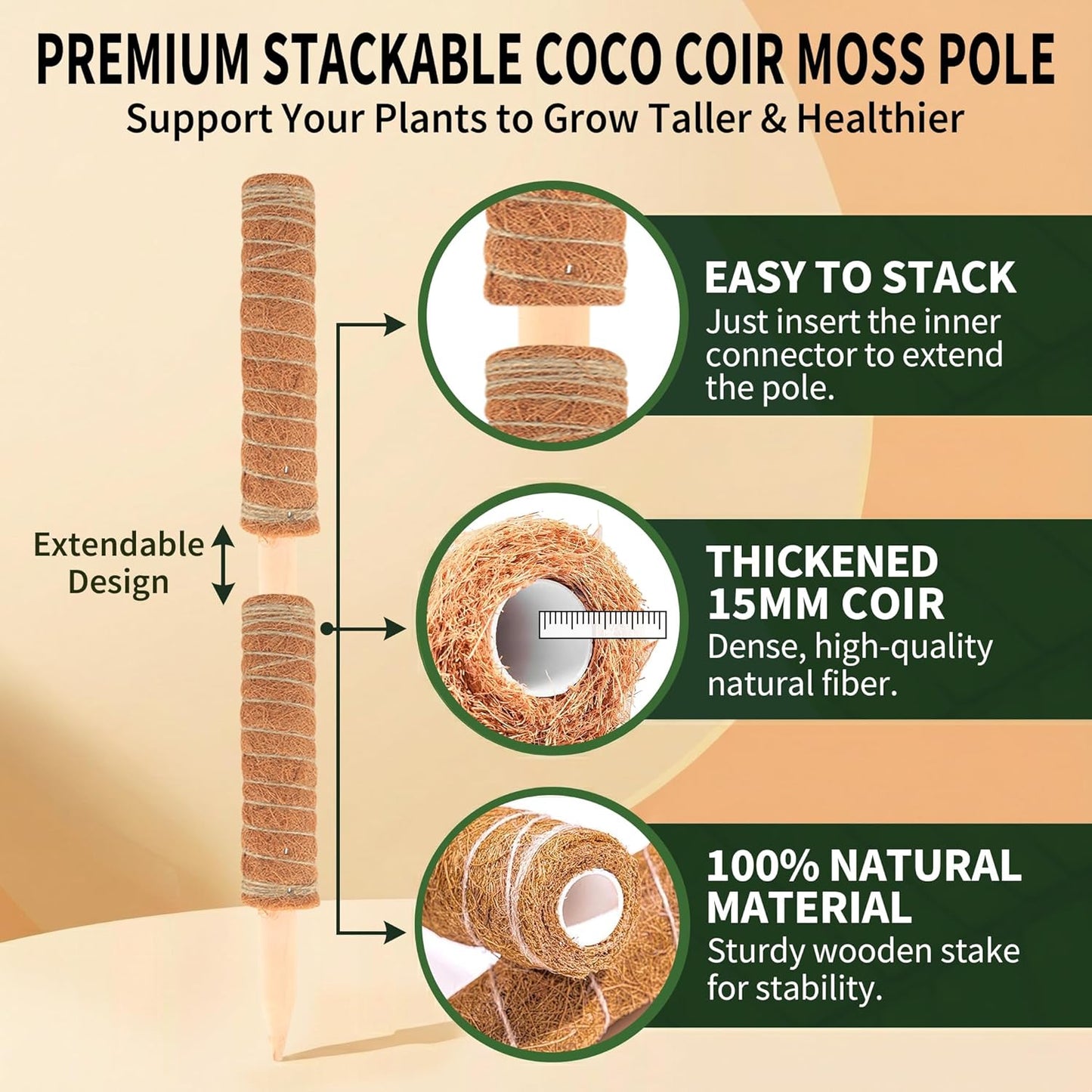 Skiennix Moss Pole Monstera Plant Support - Two 28" Bendable & Two 12" Stackable Coir Poles | Indoor Trellis Accessories