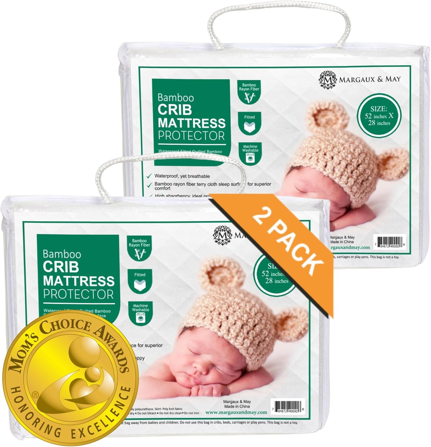 Margaux & May Crib Mattress Protector - 100% Waterproof & Highly Absorbent Quilted Cover | 2 Pack, Oeko-TEX® Certified, Noiseless, Fits 28" x 52" Standard Cribs