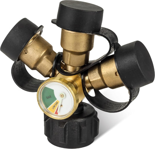 QCC1 Propane Splitter - 3-Way Adapter with Gauge & Shut-Off Valves for BBQ Grills & Heaters