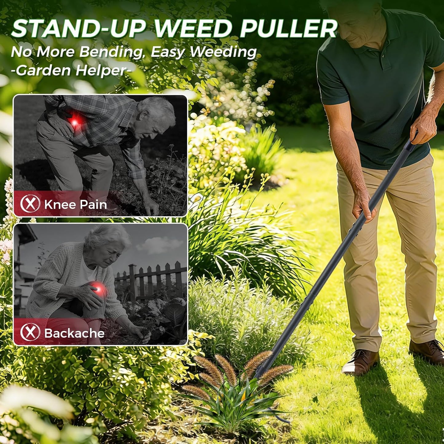 Stand Up Weed Puller by [Brand Name] - 46" Adjustable Steel Handle & 4-Claw Head for Effortless Weeding