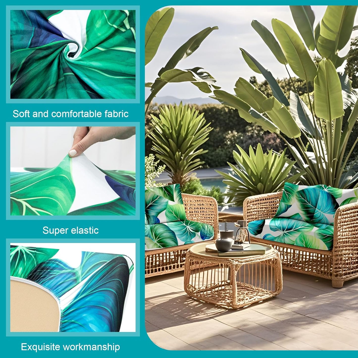 Skiennix 12 Pcs Stretch Patio Cushion Covers - Washable Green Leaf Slipcovers for Outdoor Furniture