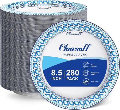 Clawsoff Heavy-Duty 8.5-Inch Paper Plates - 280 Count, Soak Proof, Perfect for Parties & Picnics