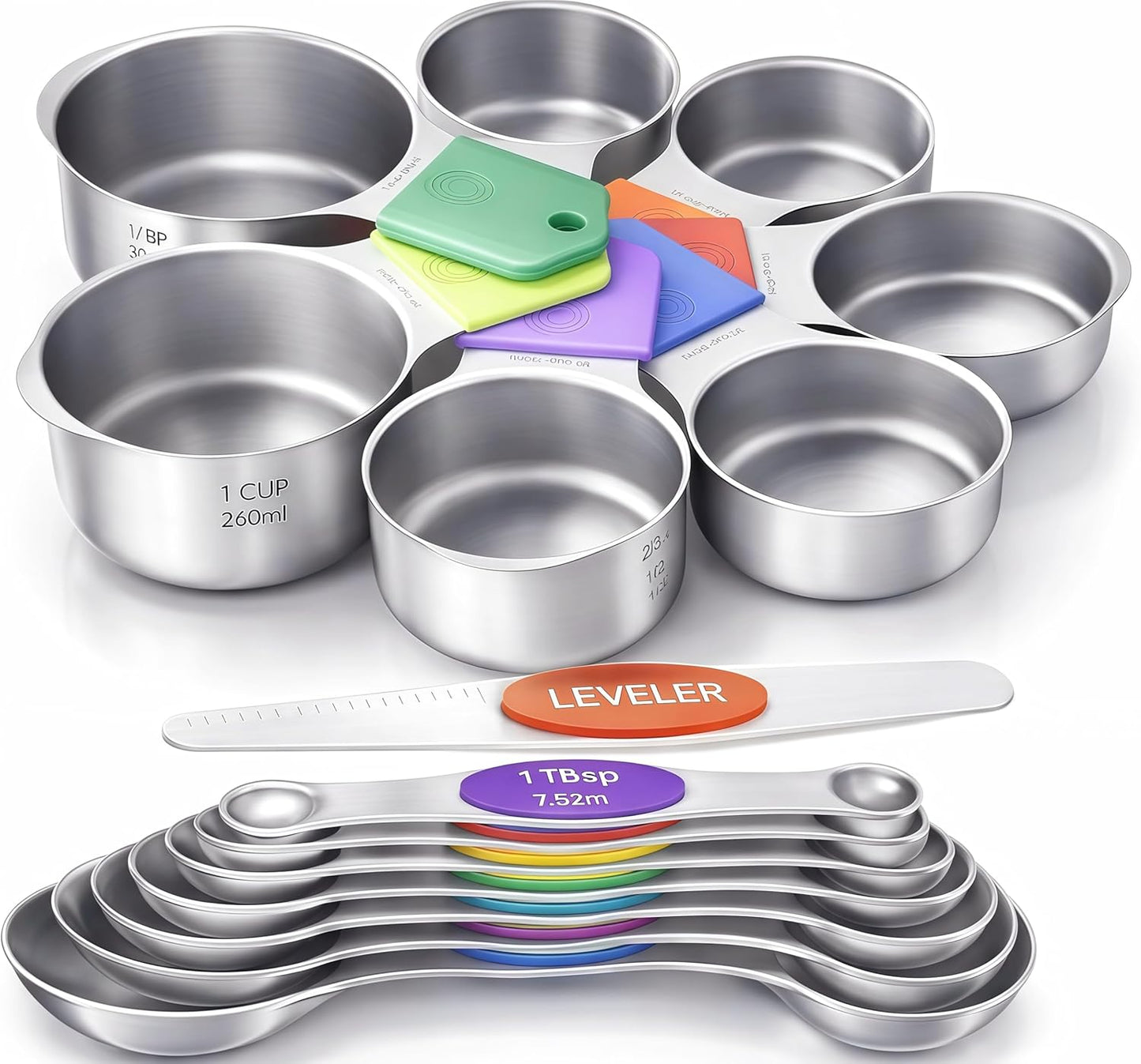 Skiennix Magnetic Measuring Cups and Spoons Set - 304 Stainless Steel, Dual Scale, 15-Piece, Dishwasher Safe | Colorful Design
