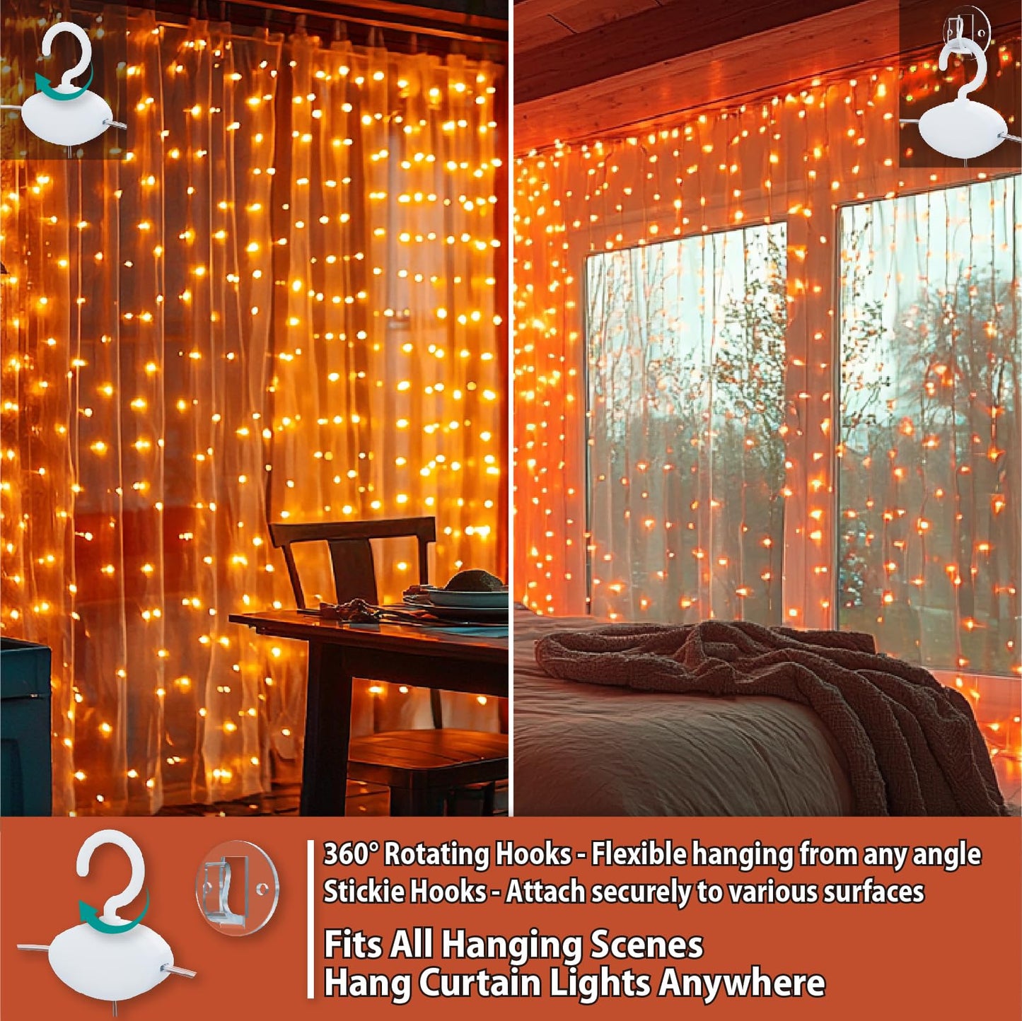 HXWEIYE 300LED Fairy Curtain Lights, 9.8x9.8Ft USB Plug-in 8 Modes Christmas String Hanging Lights with Remote for Bedroom Backdrop Wedding Indoor Wall Decor, Orange, Standard – 1 Pack