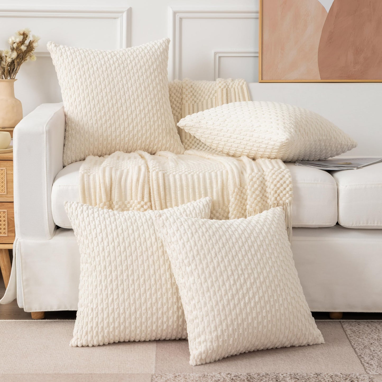 UGASA Soft Corduroy Decorative Pillow Cover 26x26 Inch Boho Striped Throw Pillow Cover Modern Home Decor for Sofa Living Room Couch Bed Cream White, 1 Piece