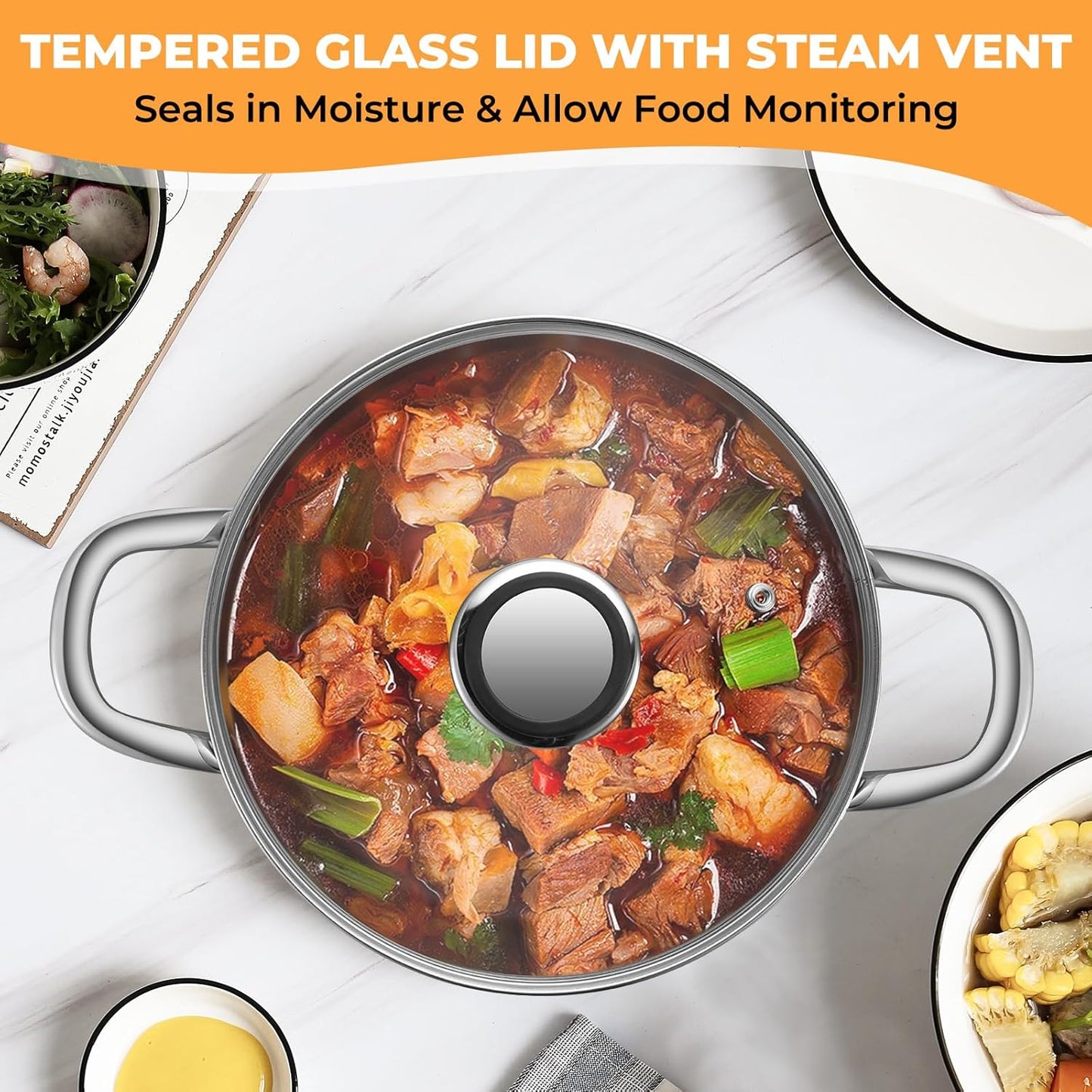 Tri-Ply Stainless Steel Stock Pot - 6.5 Quart Heavy Duty Induction Cooking Pot with Visible Lid