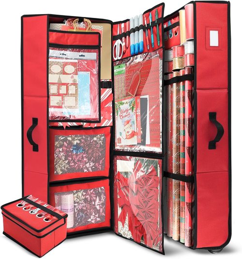 Hearth & Harbor Wrapping Paper Storage Container - Large Red Christmas Organizer with Ribbon Dispenser & Wheels, Fits 30 Rolls