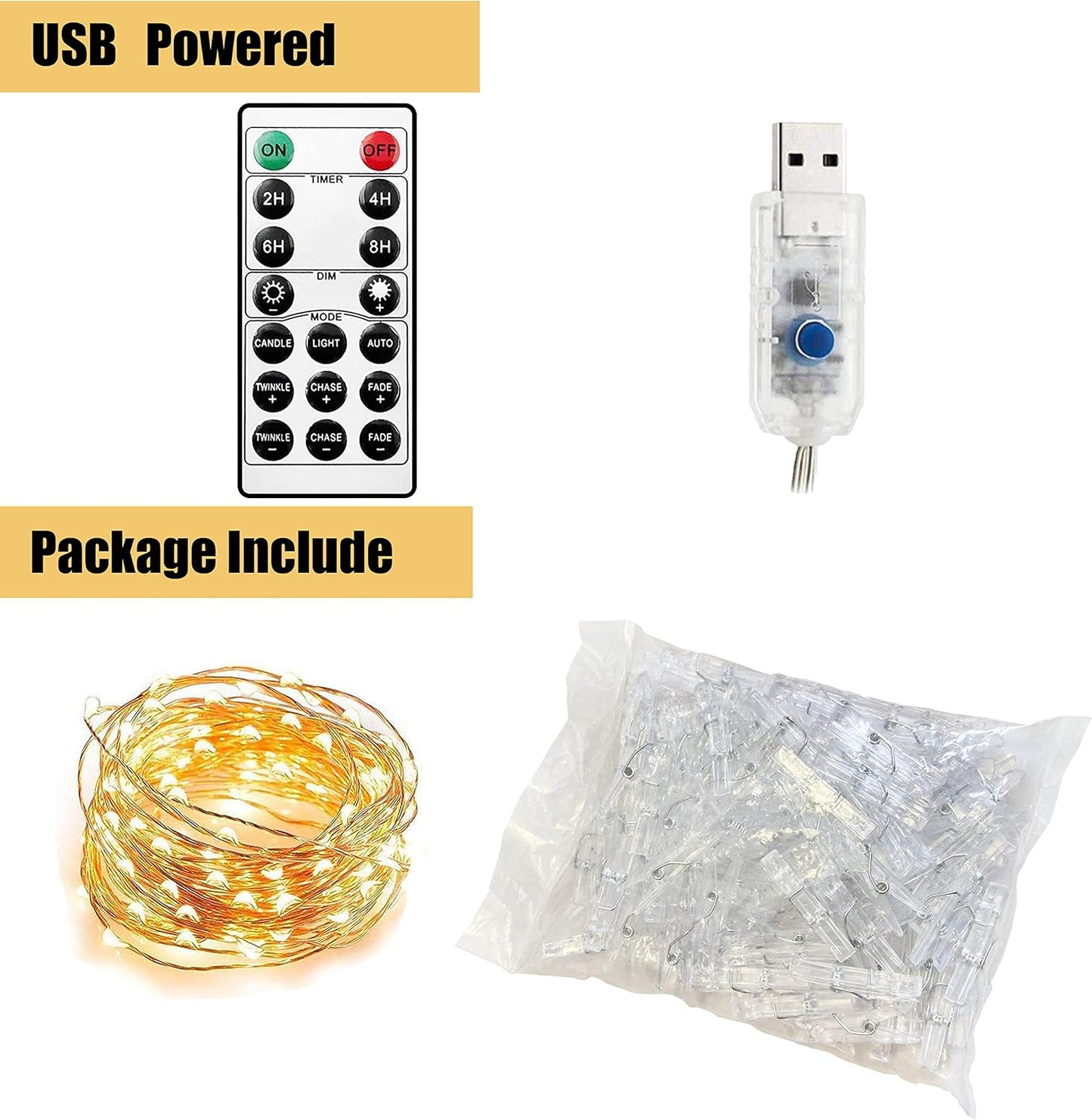 Romote 100 LED Photo Clip String Lights - USB Powered Fairy Lights with 50 Clear Clips for Wedding & Party Decor