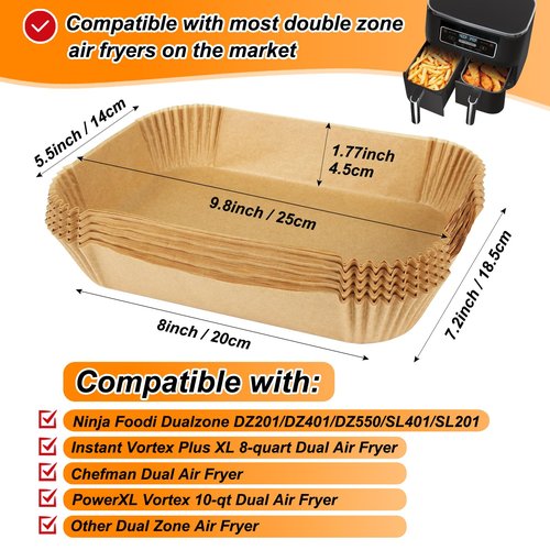 BYKITCHEN Air Fryer Disposable Paper Liners for Ninja Dual Airfryer, 100PCS Rectangle Air Fryer Parchment Paper Sheets for Ninja DZ201/DZ401/DZ550/SL401 & More, Ninja Airfryer Double Stack Accessories