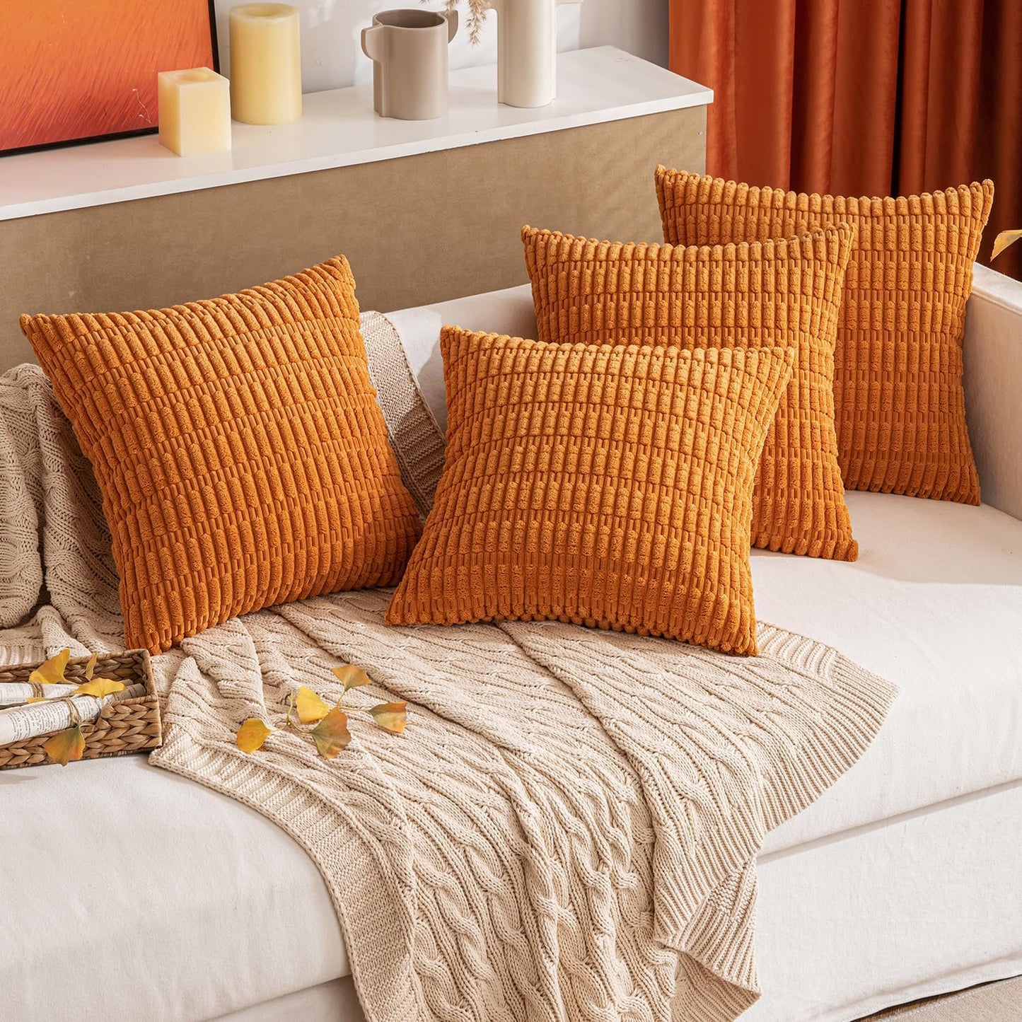 MIULEE Burnt Orange Corduroy Pillow Covers - Soft Boho Striped Design | 18x18 Inch for Modern Farmhouse Decor