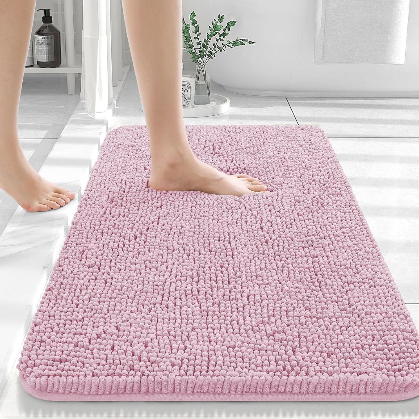 OLANLY Large Bath Rugs - Extra Soft Chenille with Rubber Backing | Quick Dry & Machine Washable - Dusty Rose 44x32