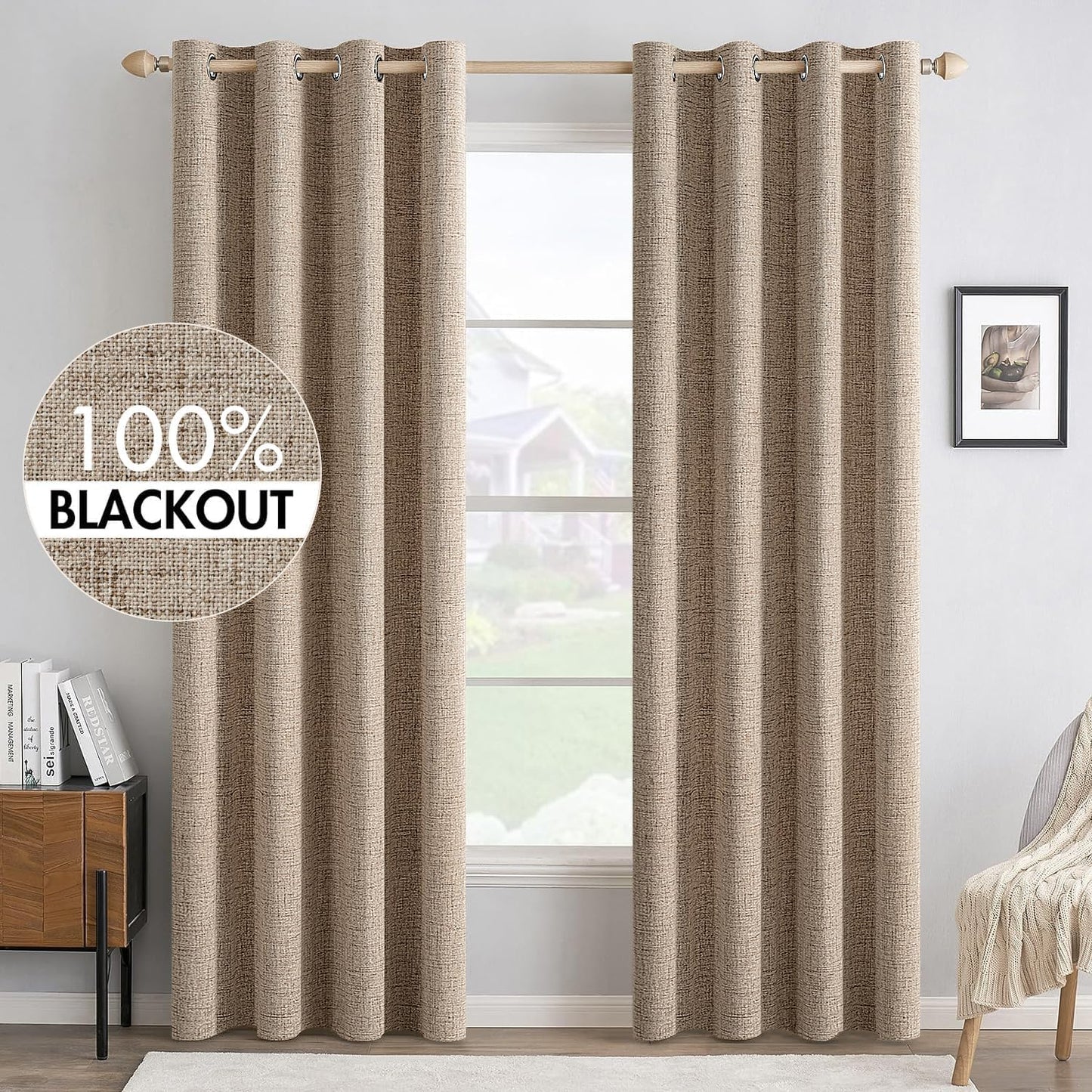 MIULEE 100% Blackout Linen Textured Curtains - Thermal Insulated Copper Brown Drapes | 52 x 96 Inch (2 Panels)