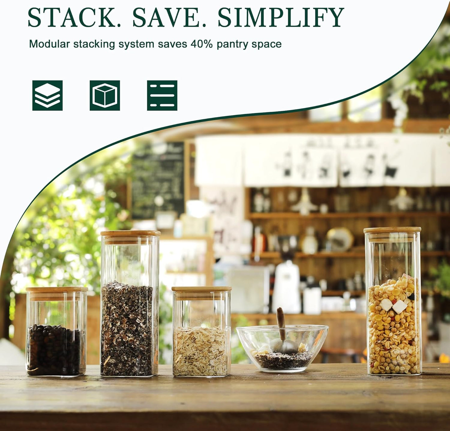 LIBWYS Square Glass Storage Jars - 12-Pack with Bamboo Lids | Stackable Food Containers for Pantry Organization (0.6Qt/1.06Qt)