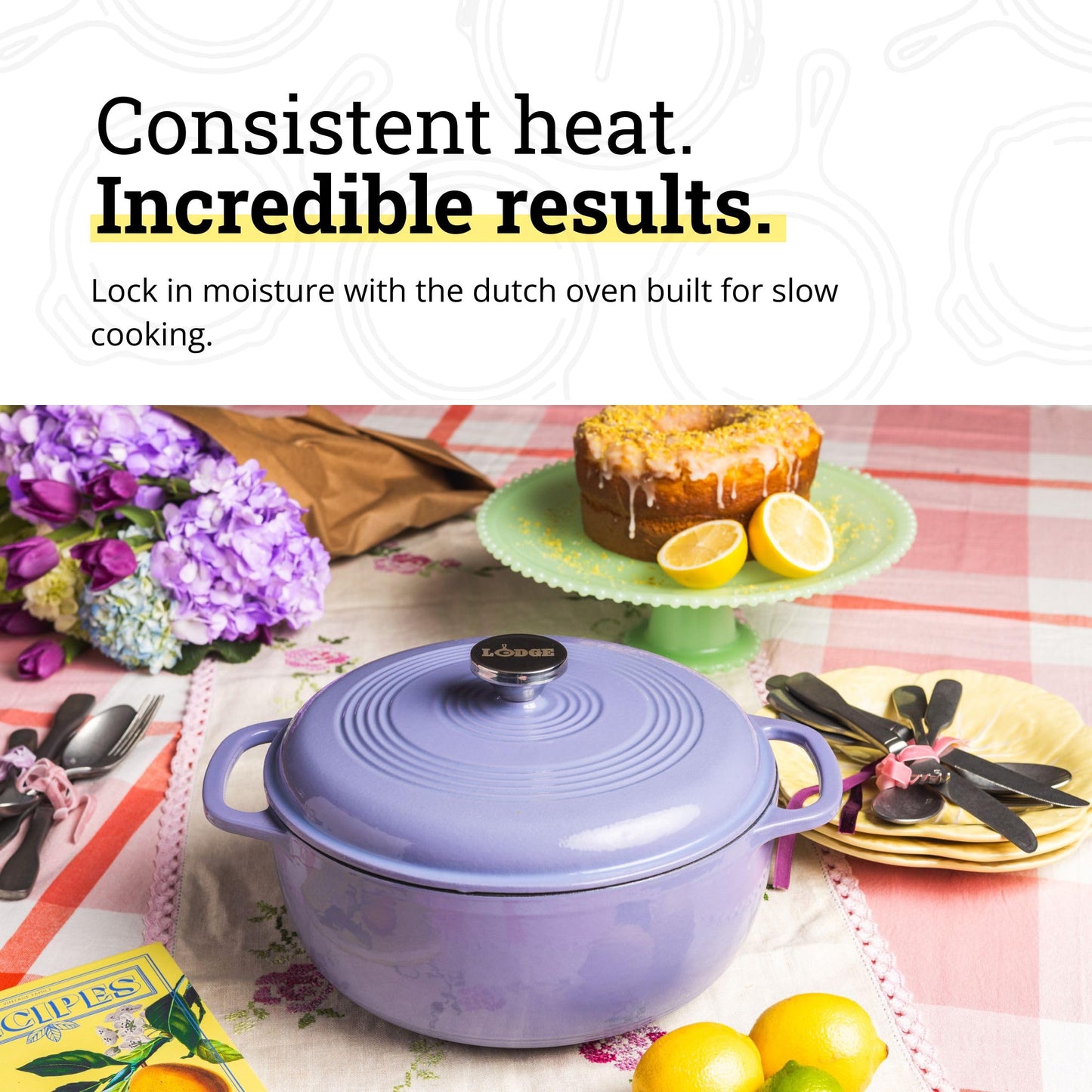 Lodge Essential Enamel Cast Iron Dutch Oven 6 Quarts - Perfect for Bread Baking, Braising, Marinating & Slow Cooking, Features Moisture-Sealing Lid & Dual Handles, Kitchen Essentials, Lilac