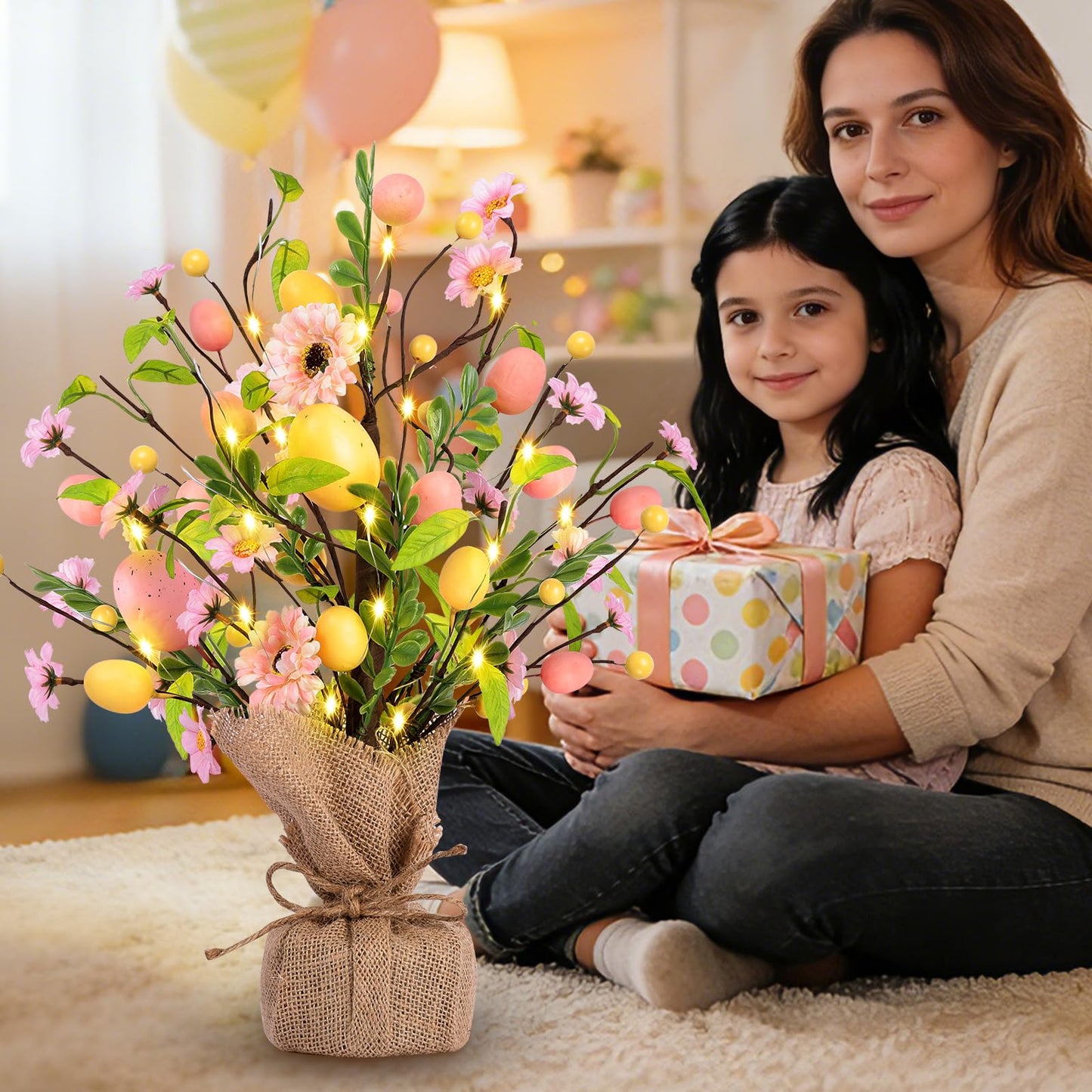Easter Decorations, Pre-Lit Easter Egg Tree Tabletop Decor with Delicate Ornaments, for Home Easters Party Wedding Holiday Spring Summer Kitchen Dining Table Decor (Pink)