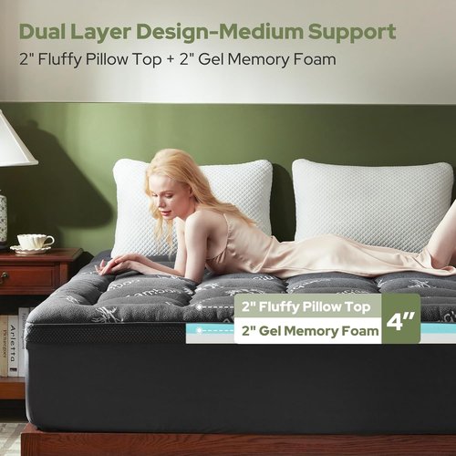 BEDLORE Memory Foam Mattress Topper - 4 Inch Dual Layer Design for Pressure Relief | Twin Size, Dark Gray