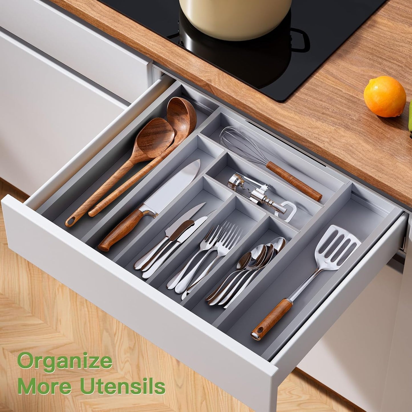 Pipishell Bamboo Drawer Organizer - Adjustable Utensil Holder & Cutlery Tray | Grey Wood Dividers