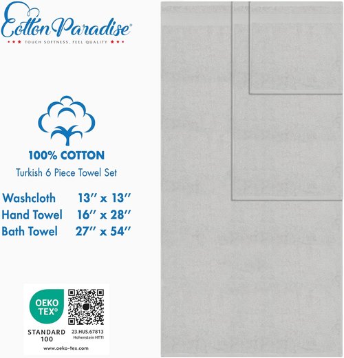 Cotton Paradise 6-Piece Towel Set - 100% Soft Absorbent Turkish Cotton | Silver Gray Bath Towels