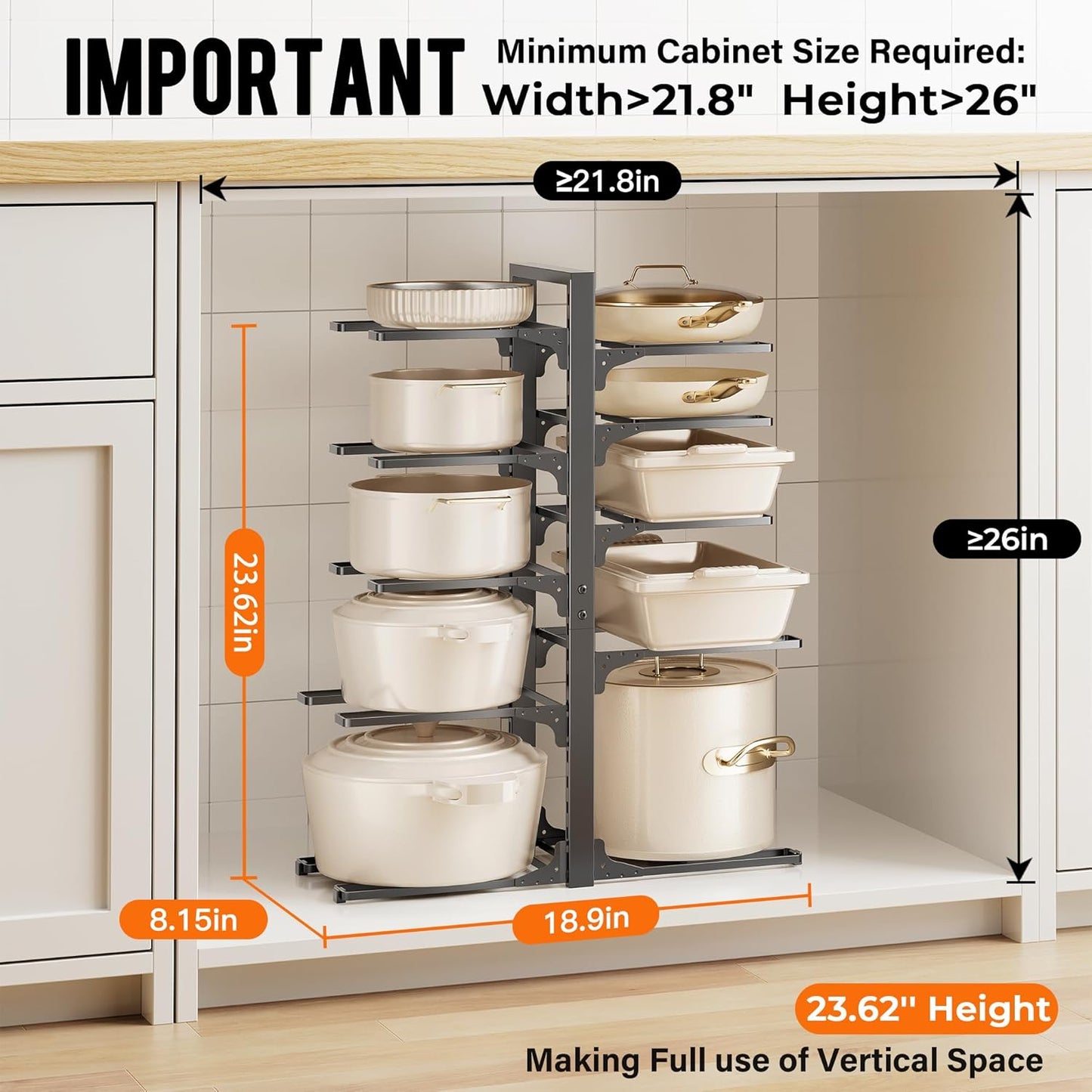 MUDEELA 10-Tier Pot and Pan Organizer - Heavy Duty Under Cabinet Storage, Adjustable Rack for Kitchen Use, 23.62" Height