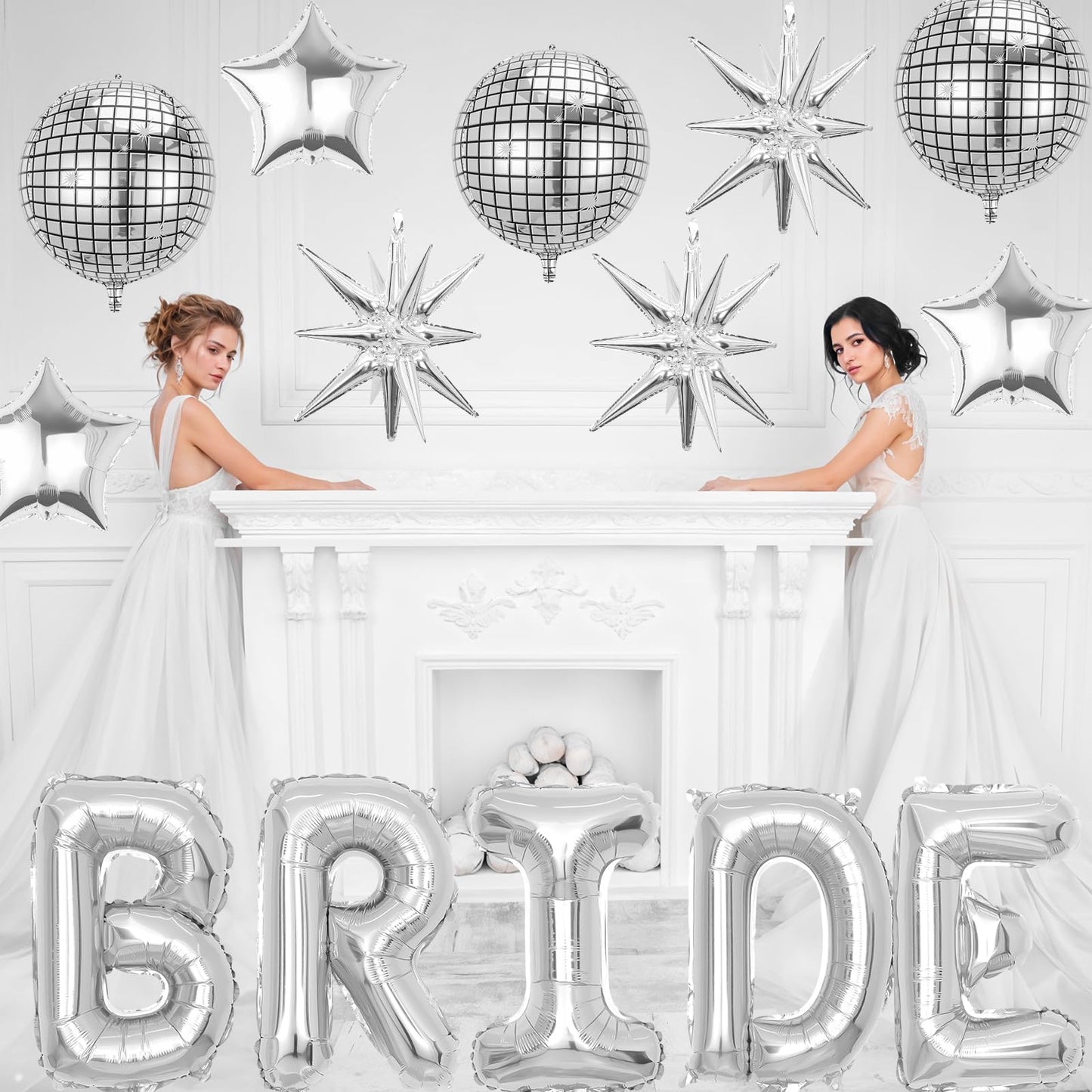 Silver Bride Balloons Bachelorette Party Decorations, 32in Silver Giant Bride Balloons with 4D Disco Ball Balloon and Star Foil Balloon for Bridal Shower Wedding Engagement Party Supplies