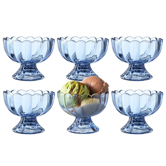 KMwares 6PCs Set 5oz Small Cute Footed Tulip Glass Dessert Bowls/Cups - Perfect for Dessert, Sundae, Ice Cream, Fruit, Salad, Snack, Cocktail, Condiment, Trifle and Christmas Holiday Party (Blue)