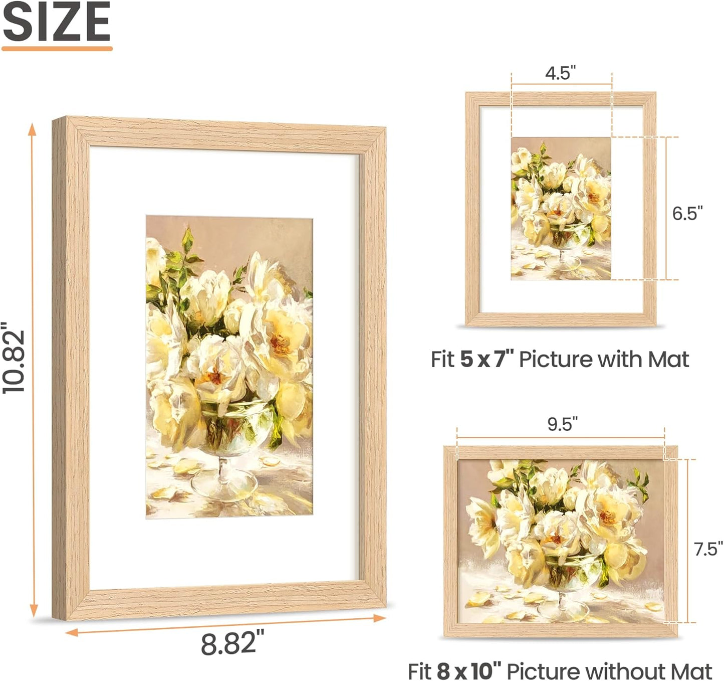 Upsimples 8x10 Picture Frame - Natural Solid Wood Design for 5x7 or 8x10 Displays | Wall & Tabletop Use