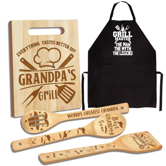 Grandpa Gifts, Christmas Grandpa Gifts from Grandkids, Grandpa Birthday Gift Wooden Cutting Board Utensils Set with Apron, Great Grandpa Grandparents Day Fathers Day Kitchen Gift
