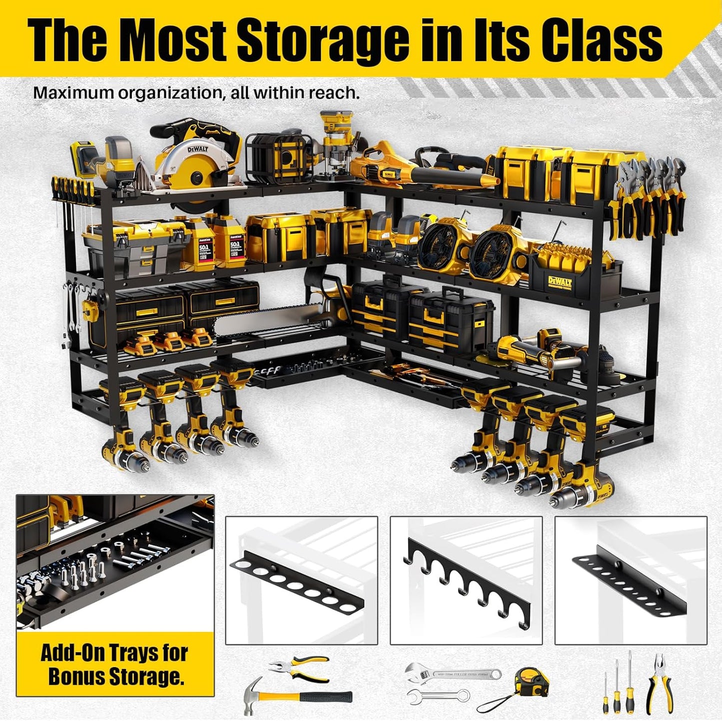 Power Tool Organizer Wall Mount by XLarge - Modular 820lbs Garage Storage Rack with 8 Cordless Drill Holders | 4-Tier Heavy Duty Utility Shelf