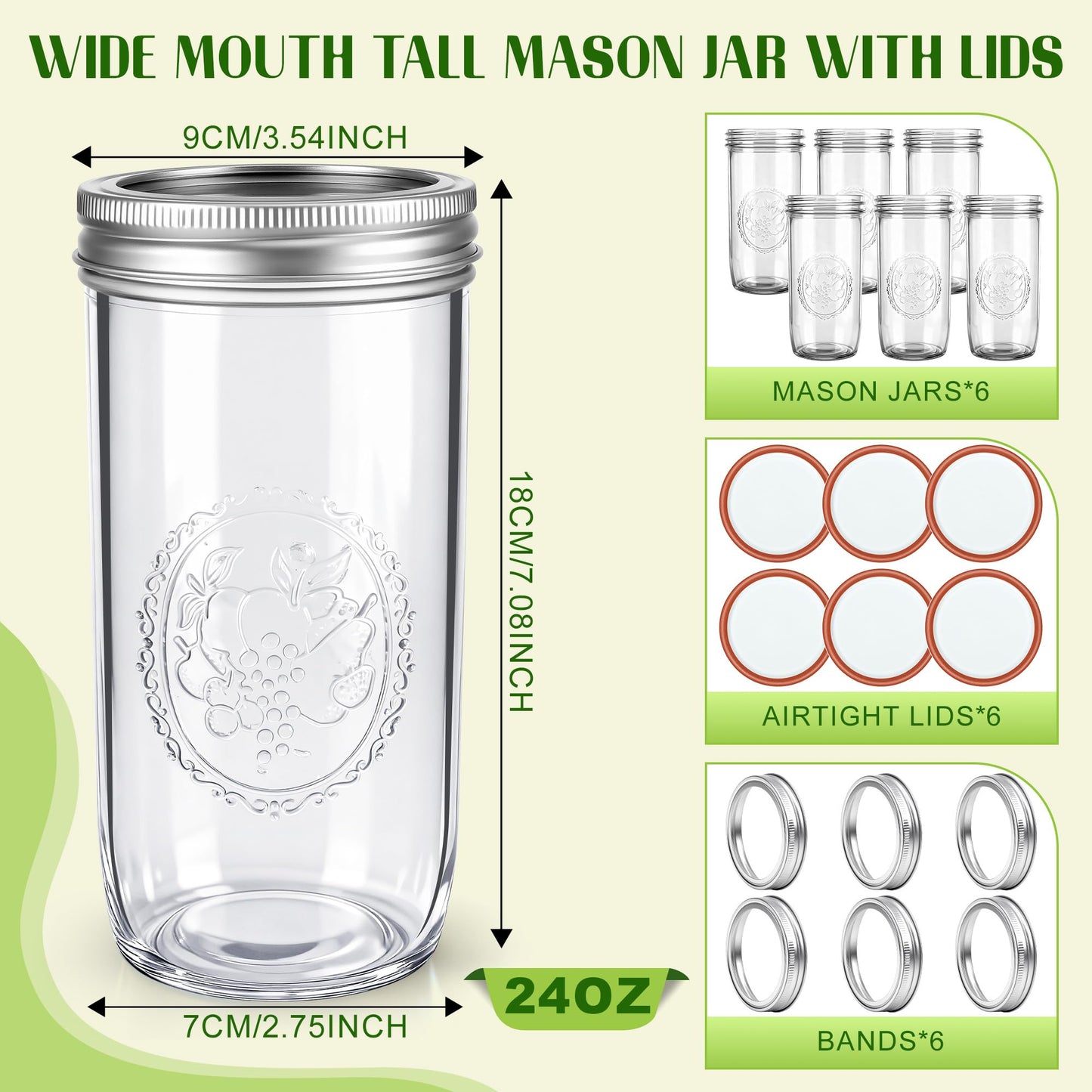 Anwoi Mason Jars 24 oz Wide Mouth with Measurement Marks–12Pack Glass Canning Jars with Airtight Leakproof Lids & Bands, BPA-Free for Meal Prep, Fermentation, Pickling & Storage (clear 6pack 24oz)
