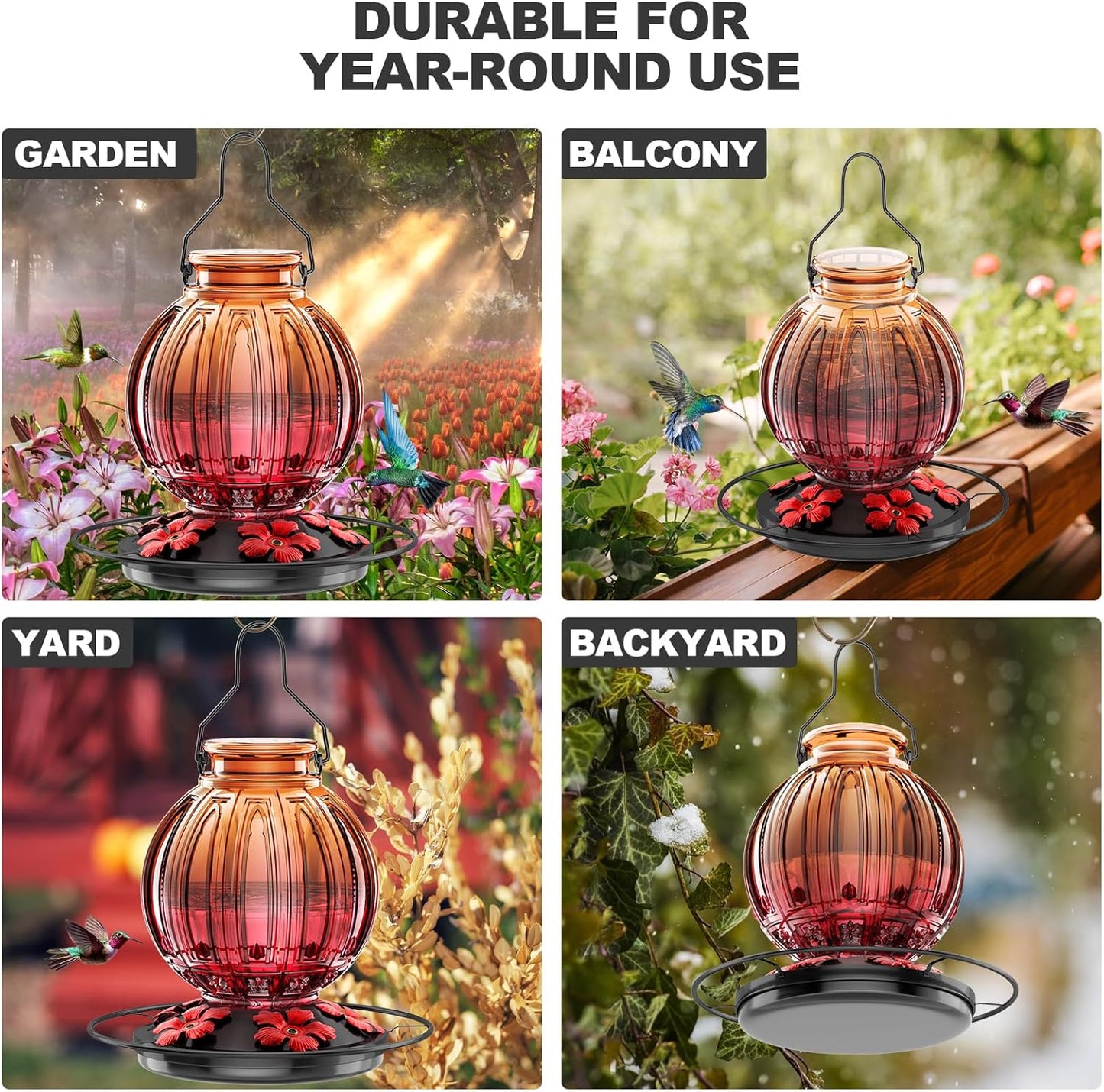Skiennix Glass Hummingbird Feeder - 26Oz Leak-Proof Outdoor Nectar Feeder with 5 Flower Ports | Clear & Red