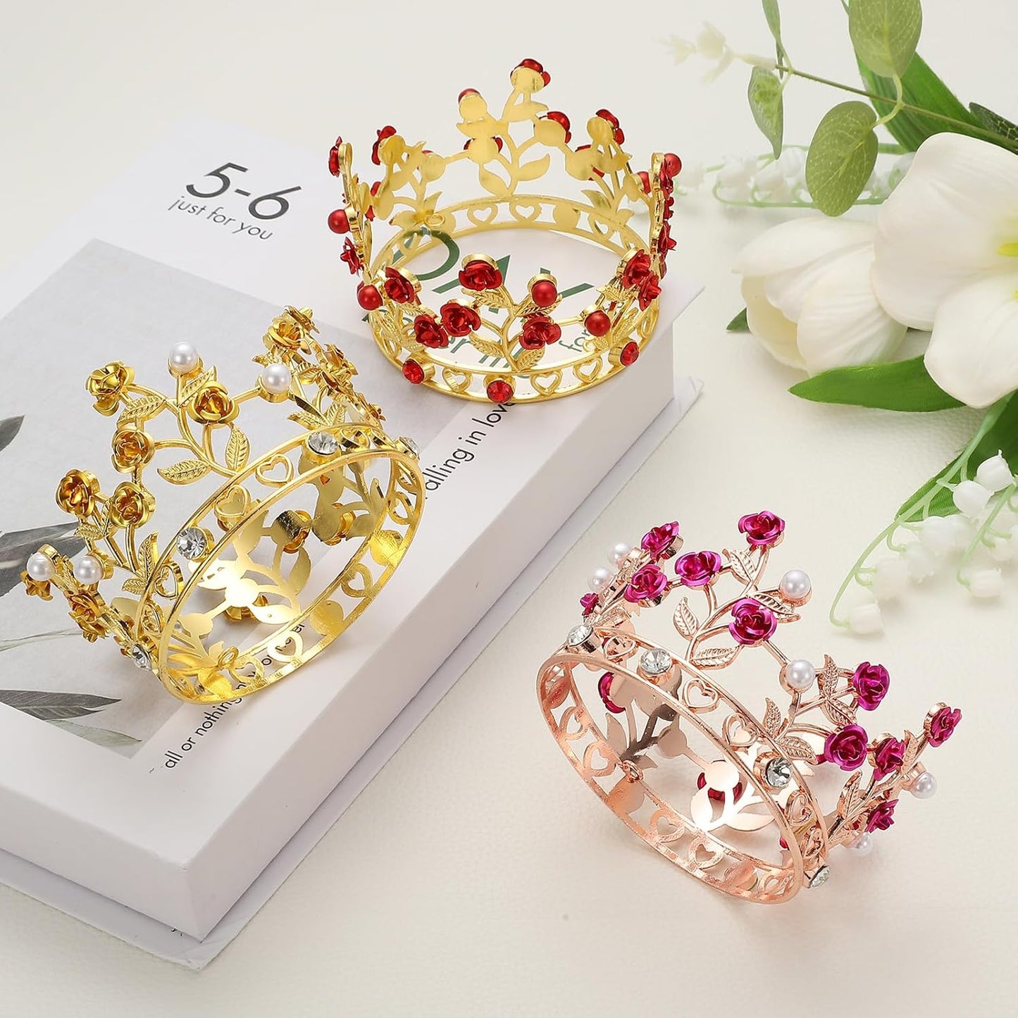 Uxcell Mini Crown Cake Toppers - Alloy Tiara with Pearl & Rose for Birthday/Wedding Decor | Rose Gold/White/Rose Red