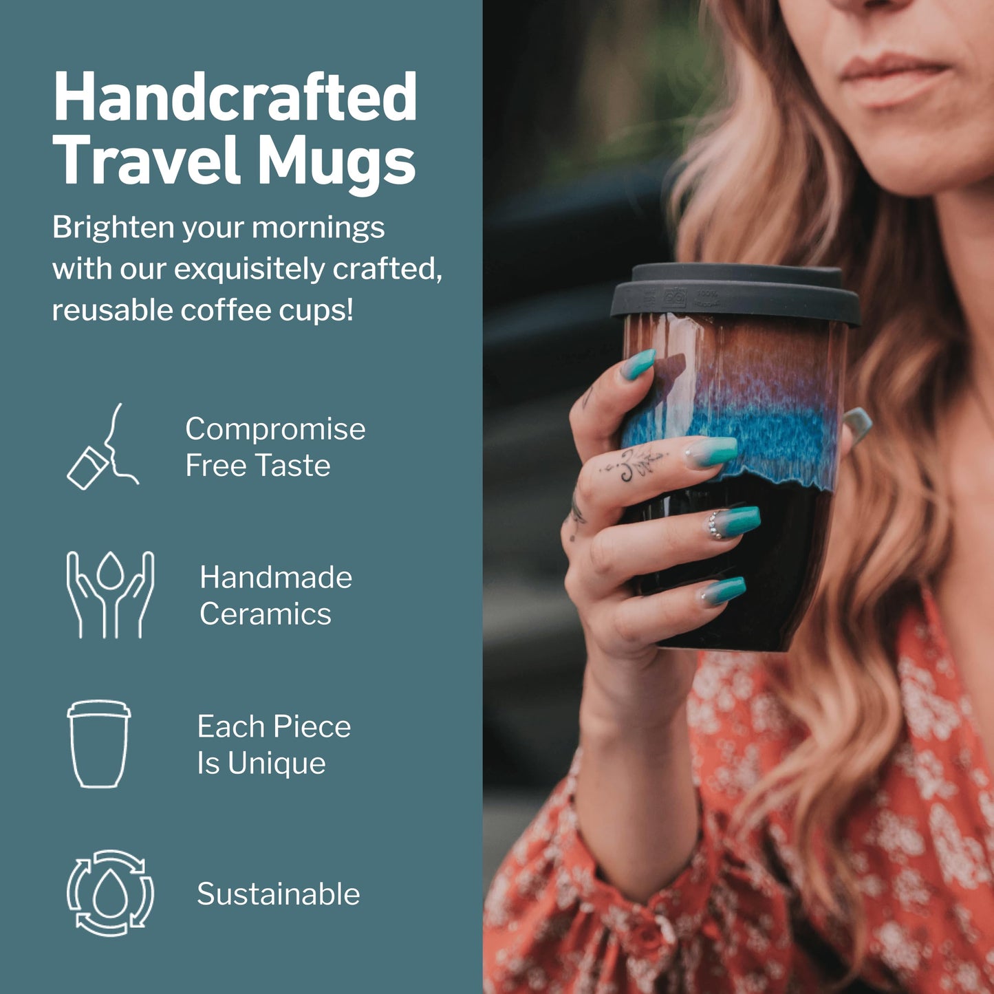 NOVA CERAMICS 12oz Travel Coffee Mug - Unique Microwave & Dishwasher Safe Tumbler With Lid - Gifts For Women & Men