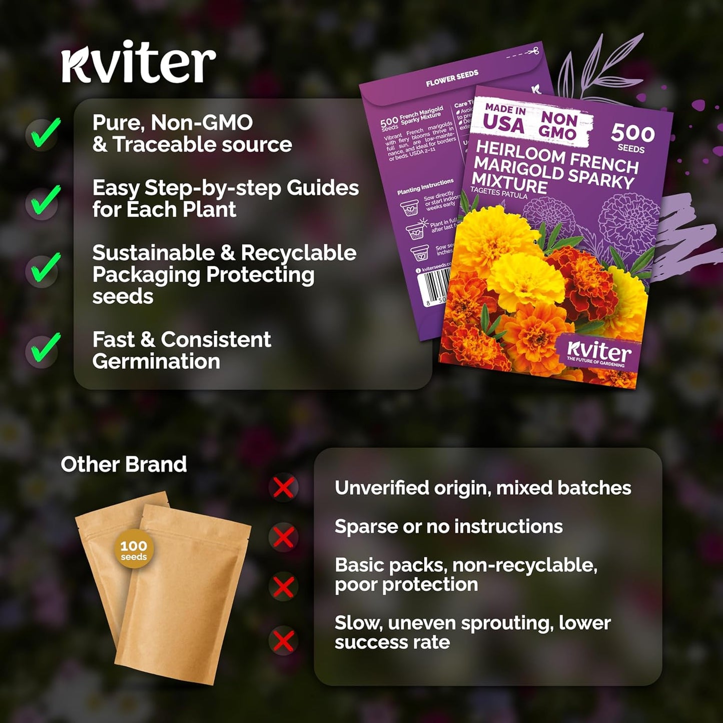 KVITER 500 French Marigold Seeds - Heirloom Non-GMO Organic Sparky Mix | Vibrant Yellow & Orange Blooms for Gardens