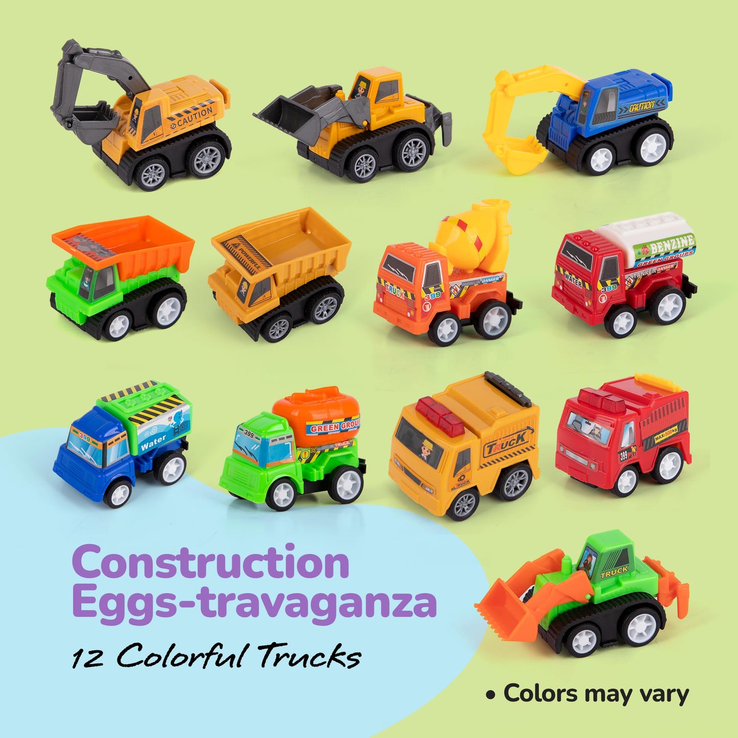 ArtCreativity Pre Filled Easter Eggs with Plastic Vehicles Inside - 12 Colorful Surprise Eggs for Kids with Pullback Construction Truck Toys - Easter Hunt Supplies - Basket Stuffers