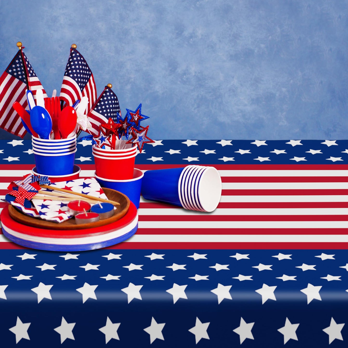 6 PACK 4th of July Decorations, 108" X 54" 250th Anniversary Patriotic Plastic Table Cover, Disposable Water Proof Fourth of July Tablecloths, Red White Blue USA Decor Memorial Day Party Supplies