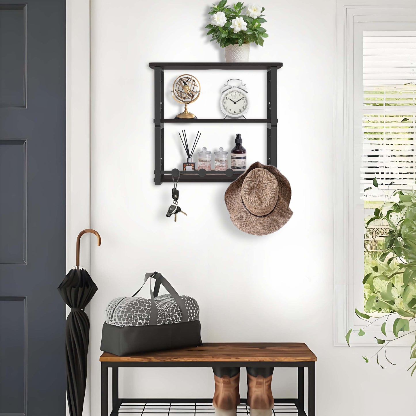 ANYHI Wall Mounted Three-Tier Floating Shelves for Living Room/Bedroom/Kitchen/Bathroom, Wood Floating Shelf with 4 Hooks for Books/Storage/Decor, Bedside Shelves, Black Nightstand