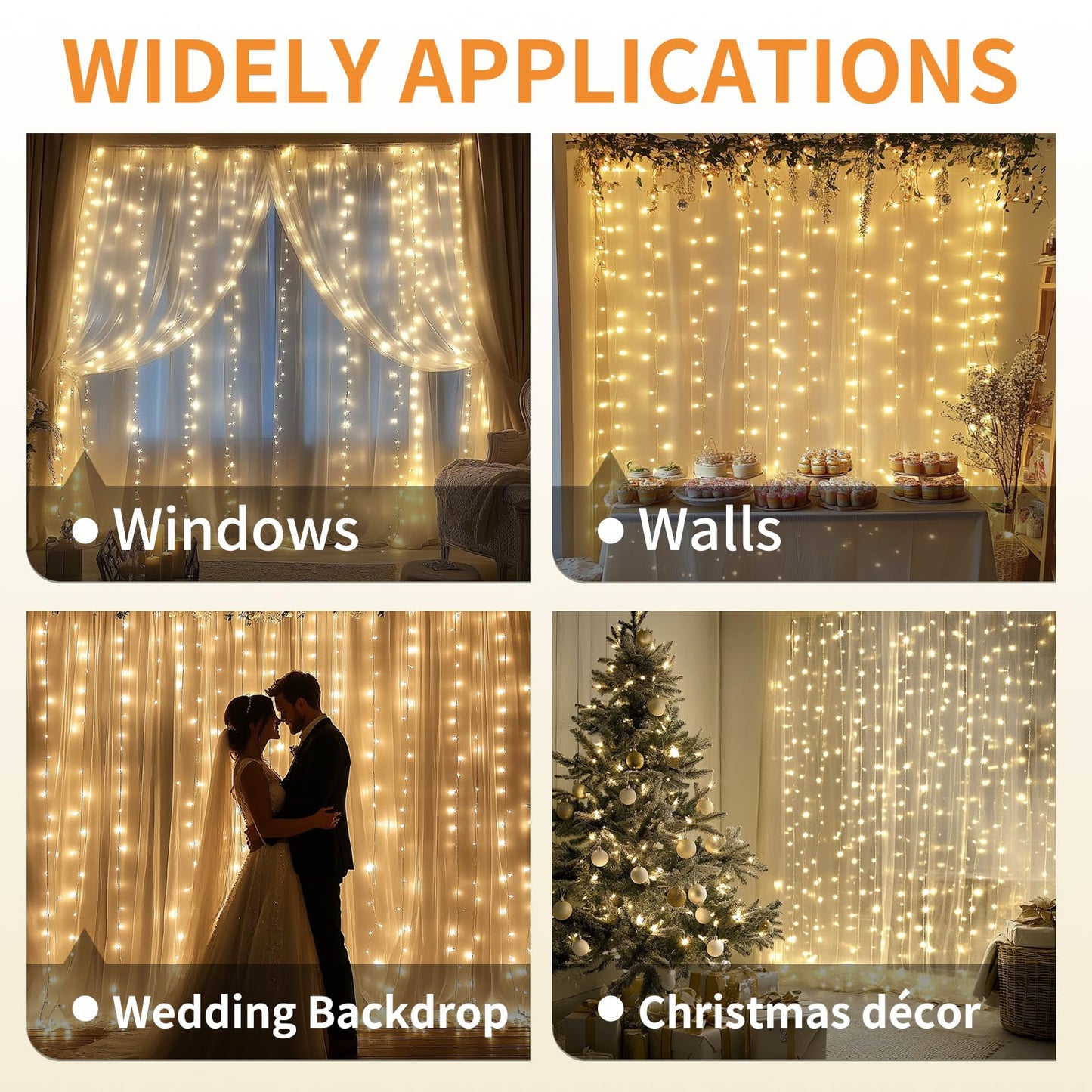 Patioman Fairy Curtain Lights, 200 LED Upgraded Tangle-Free Hanging Lights with Remote, USB Plug in String Lights for Bedroom Wall Window Wedding Party Xmas Home Décor - 9.8 x 6.6 Ft, Warm White