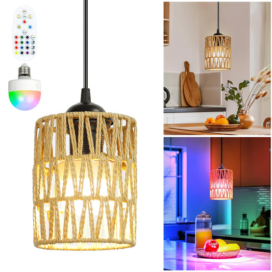 rerekiki Rechargeable Boho Pendant Lights for Kitchen Island, Wireless No Plug in RGBCW Rattan Hanging Lamp with Remote for Bedroom, Boho Style Over Table Dimmable Lighting Fixture for Dining Room