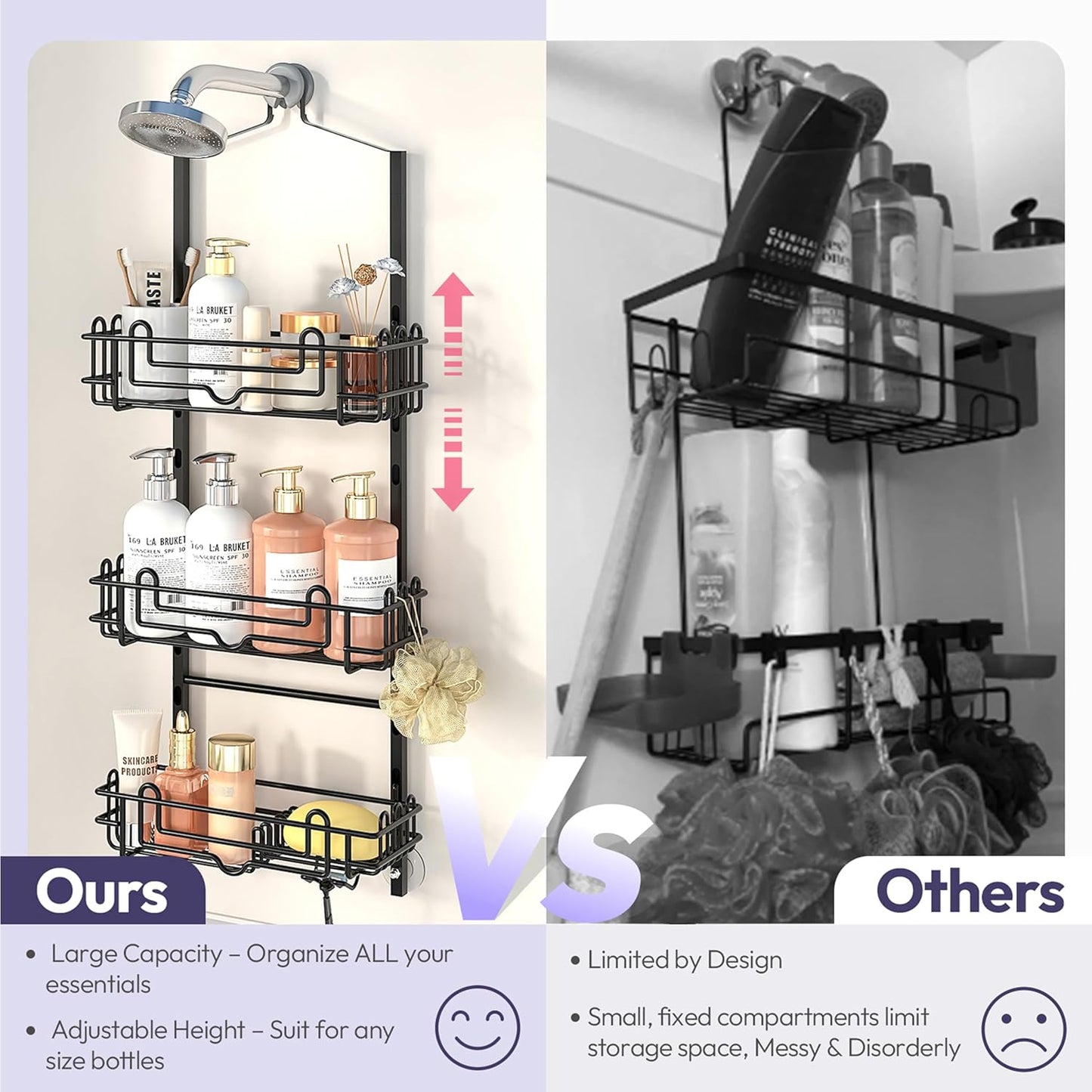 SWTYMIKI Shower Caddy - 3-Tier Rustproof Hanging Organizer with Adjustable Baskets & Hooks | Black Bathroom Storage Rack
