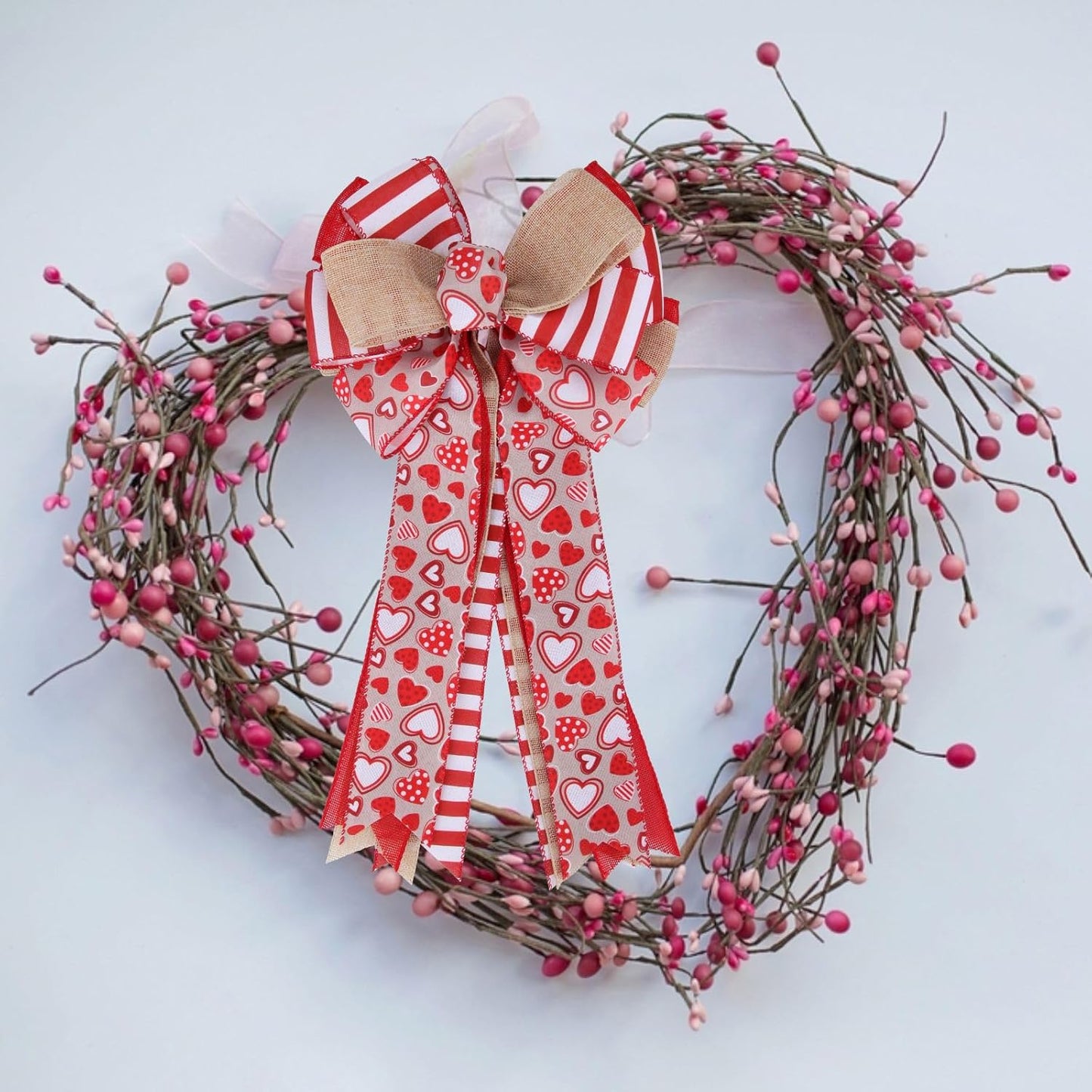 Meseey Valentine's Day Tree Topper Bow - Red Heart Printed Burlap Wreath for Home Decor | Indoor/Outdoor Use