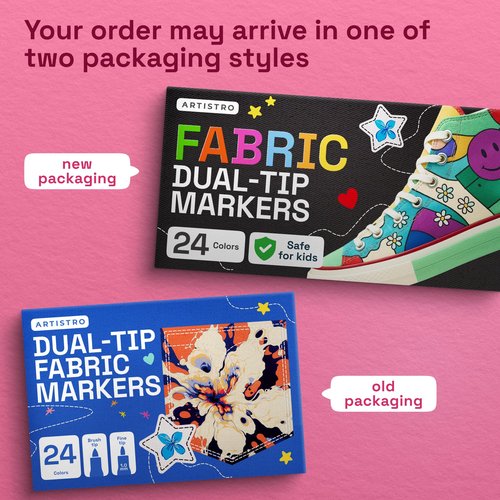 ARTISTRO 24 Dual-Tip Fabric Markers - Fabric Decorating Kit - Permanent for Clothes - Acrylic Paint Pens for Sneakers, Bags, Shoes, Textile, Canvas, Sewing, Craft, DIY - Brush and Fine Tip
